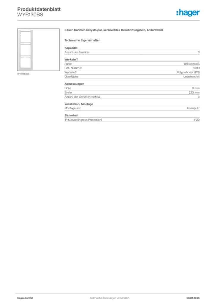 Bild Hager Produktdatenblatt WYR130BS | Hager Deutschland