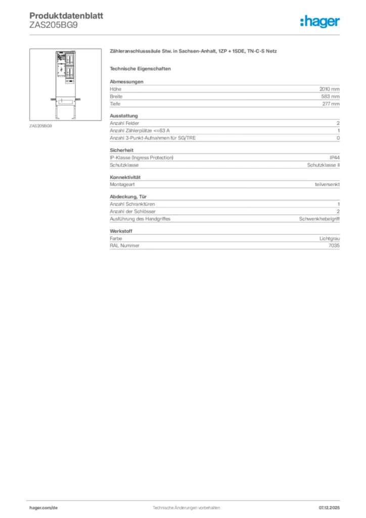 Bild Hager Produktdatenblatt ZAS205BG9 | Hager Deutschland