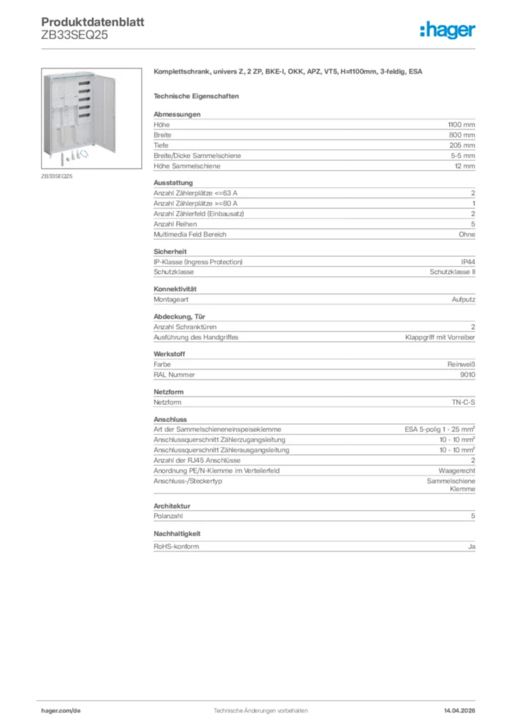 Bild Hager Produktdatenblatt ZB33SEQ25 | Hager Deutschland