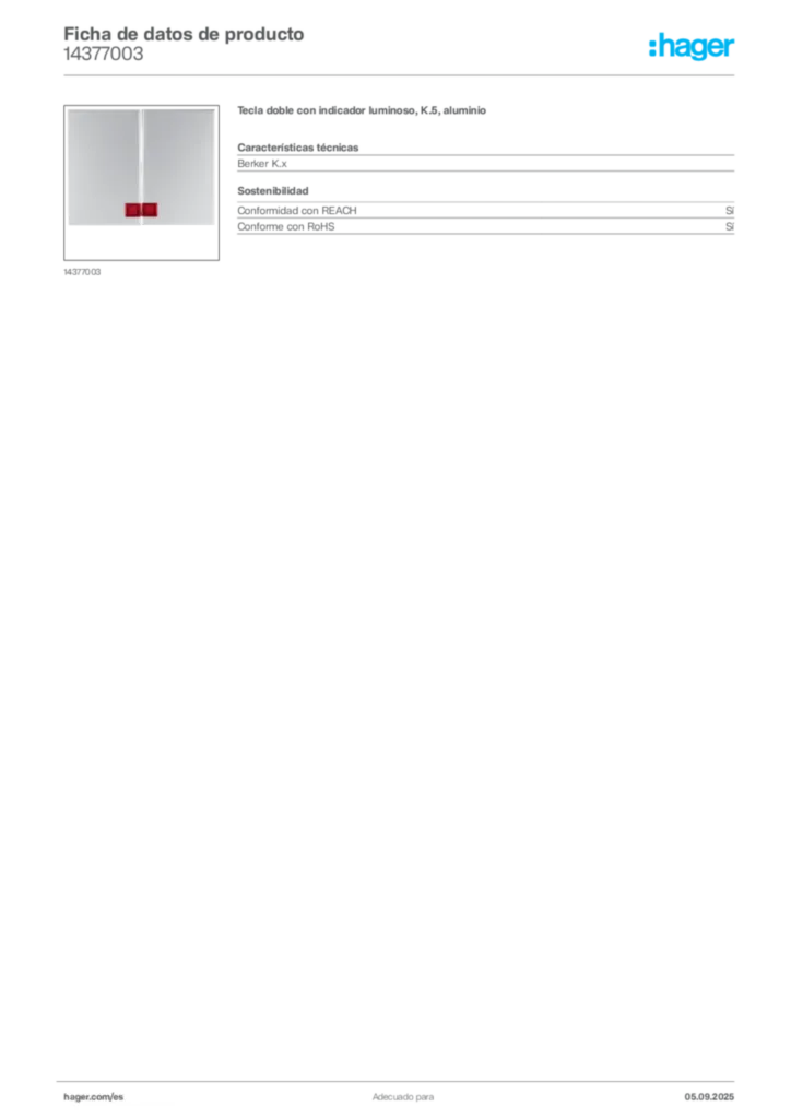 Imagen Hager Ficha de datos de producto 14377003 | Hager España