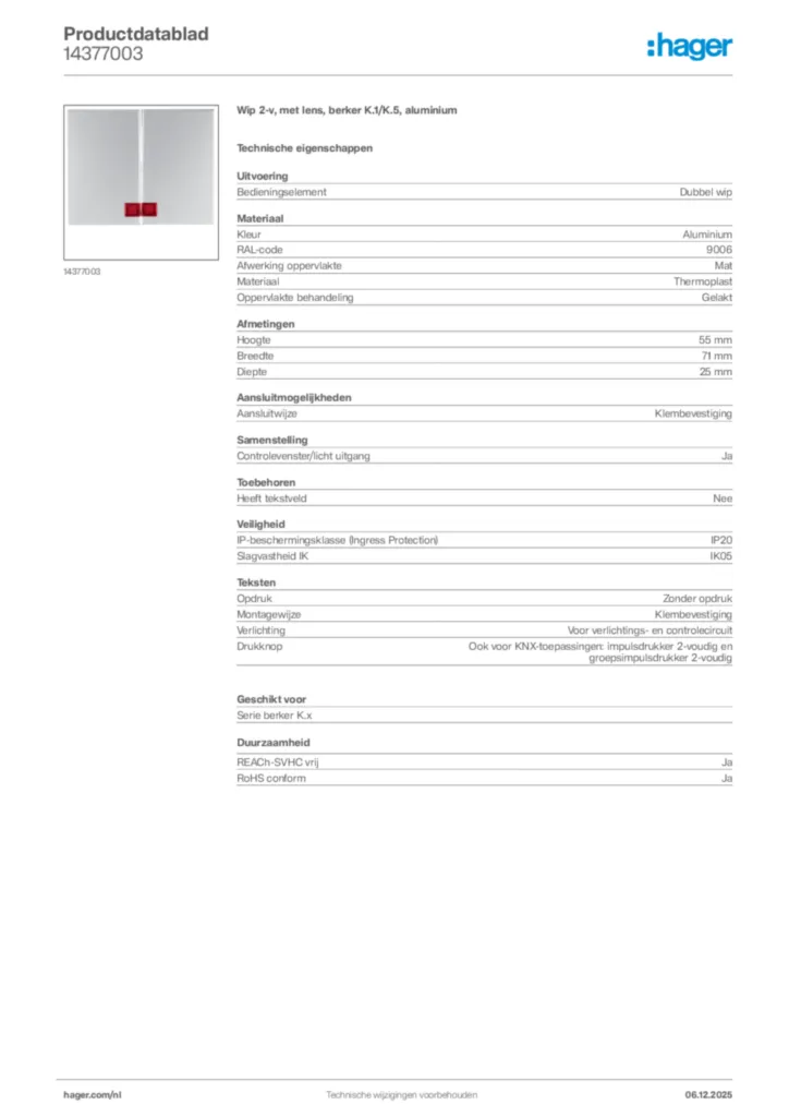 Afbeelding Hager Productdatablad 14377003 | Hager Nederland