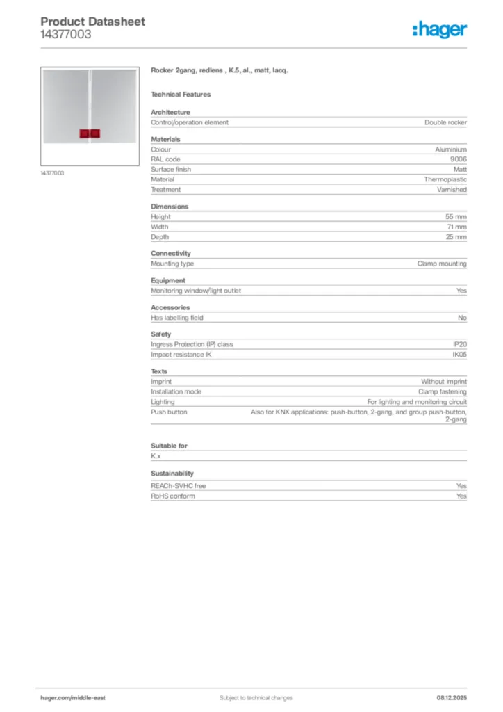 Image Hager Product data sheet 14377003  | Hager