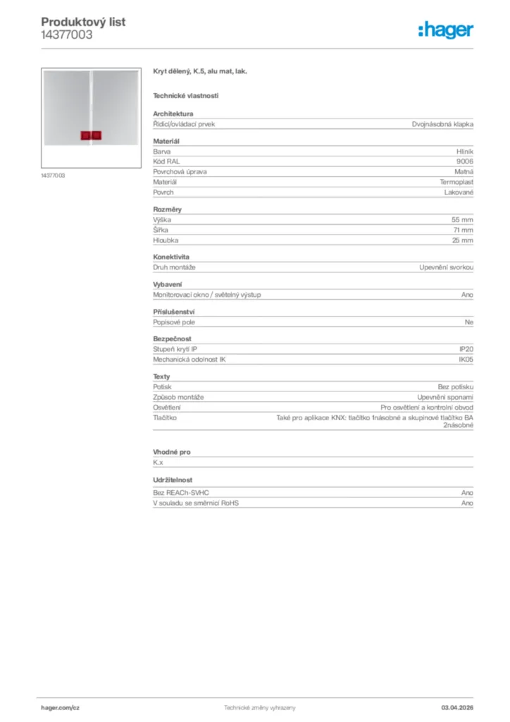 Obrázek Hager Product data sheet 14377003 | Hager