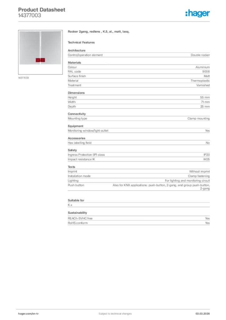 Image Hager Product data sheet 14377003  | Hager