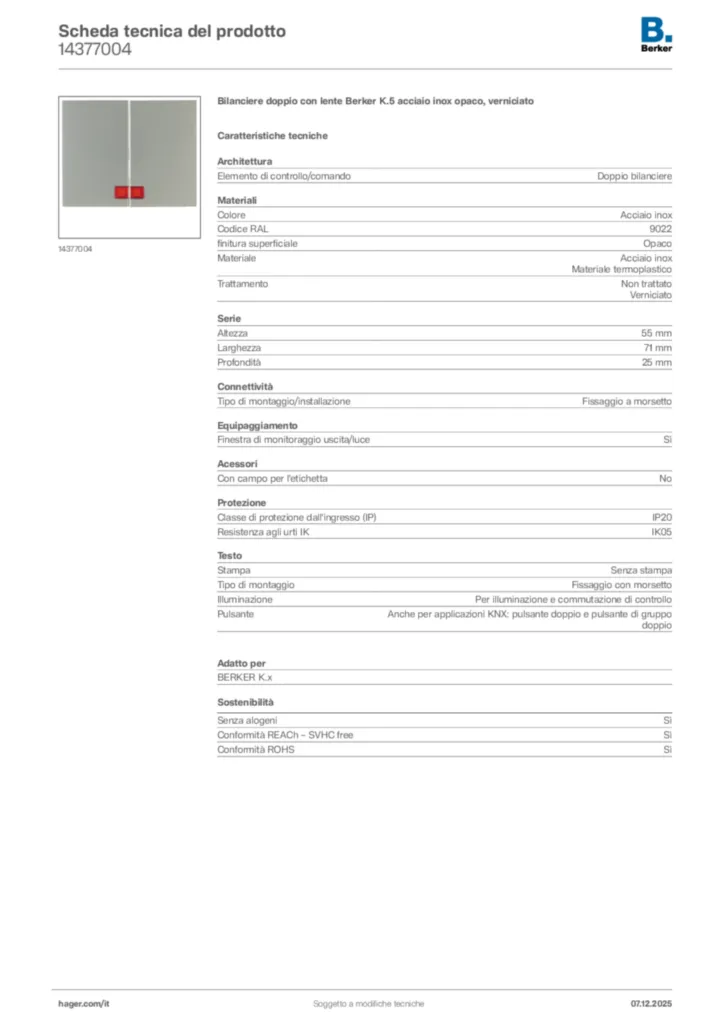 Immagine Berker Scheda tecnica del prodotto 14377004 | Hager Italia