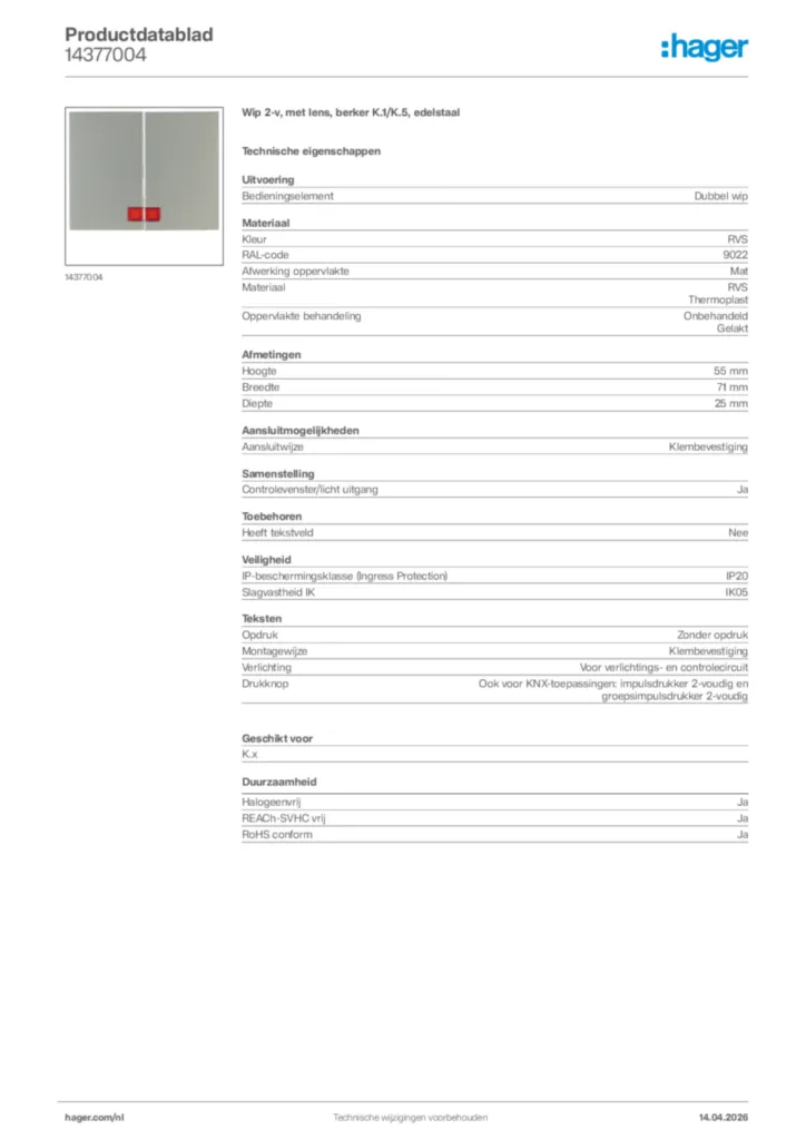 Afbeelding Hager Productdatablad 14377004 | Hager Nederland