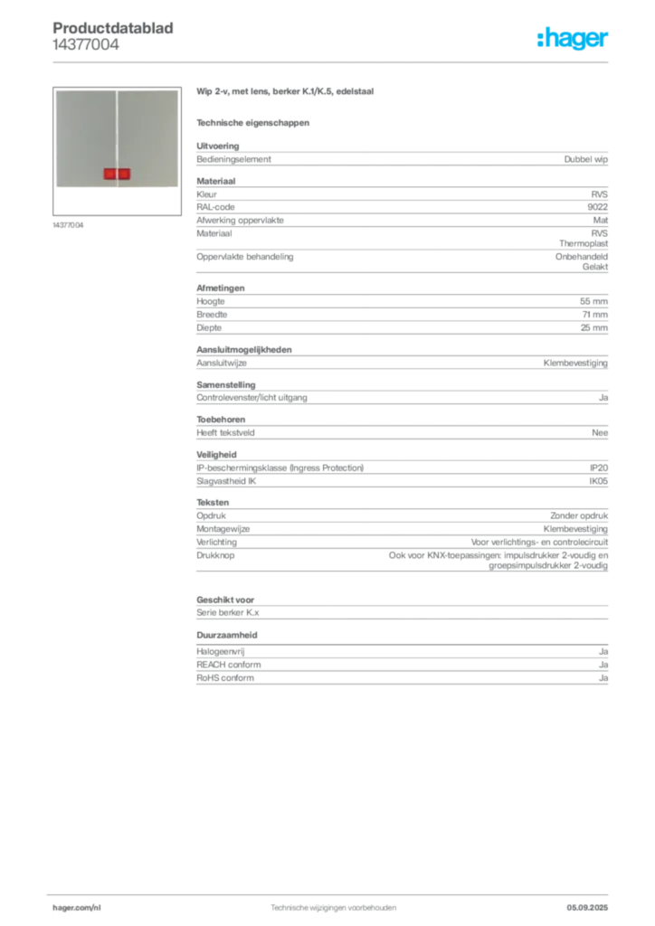 Afbeelding Hager Productdatablad 14377004 | Hager Nederland