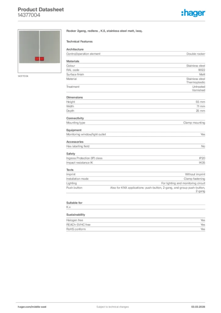 Image Hager Product data sheet 14377004  | Hager