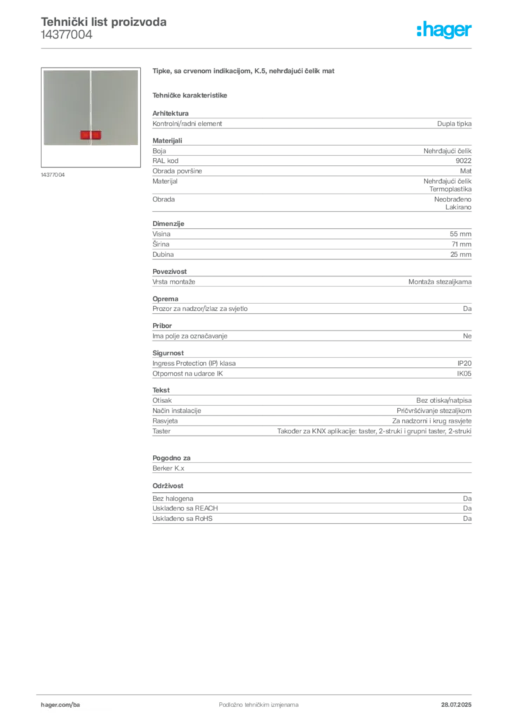 Slika Hager Product data sheet 14377004  | Hager