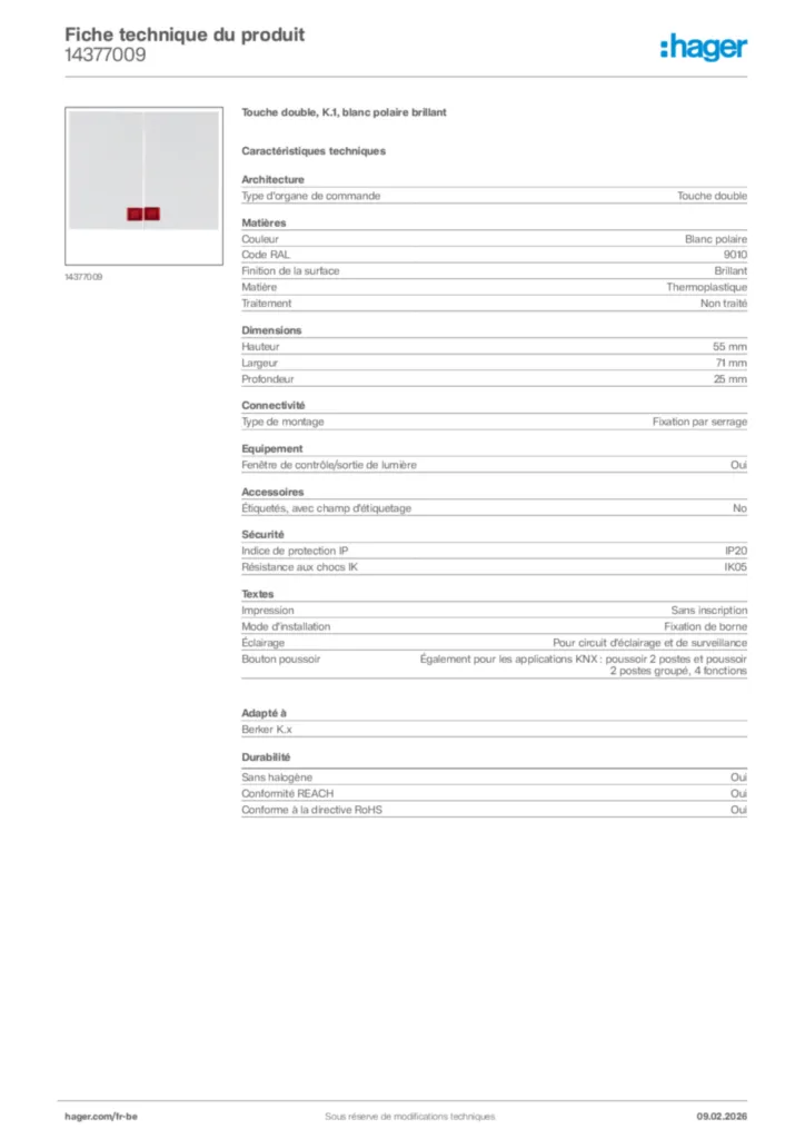 Image Hager Fiche technique du produit 14377009 | Hager Belgique