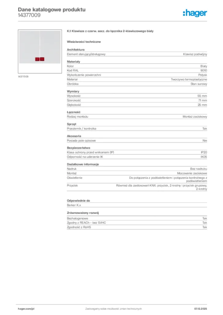 Zdjęcie Hager Karta katalogowa 14377009 | Hager Polska