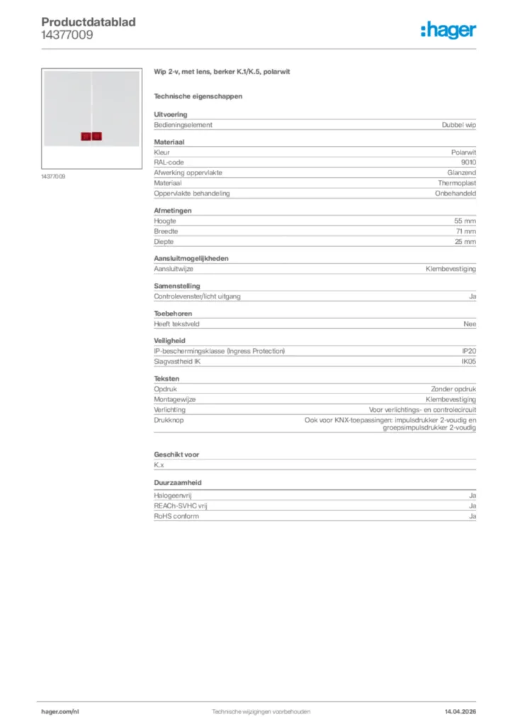 Afbeelding Hager Productdatablad 14377009 | Hager Nederland