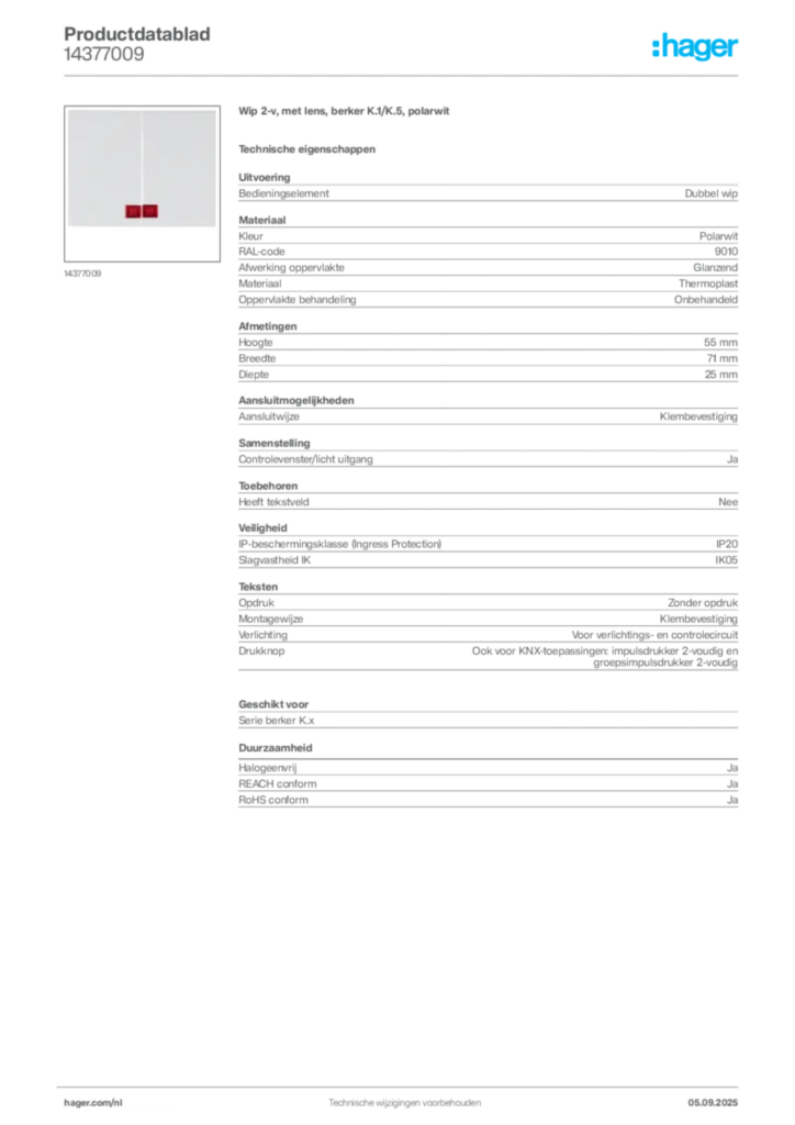 Afbeelding Hager Productdatablad 14377009 | Hager Nederland