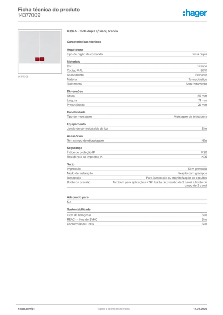Imagem Hager Ficha técnica do produto 14377009 | Hager Portugal