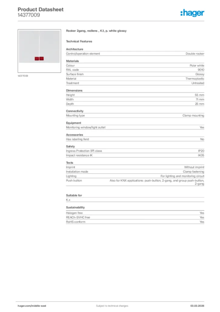 Image Hager Product data sheet 14377009  | Hager
