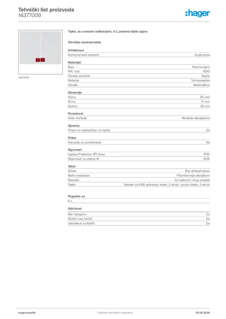 Slika Hager Tehnički list proizvoda 14377009  | Hager
