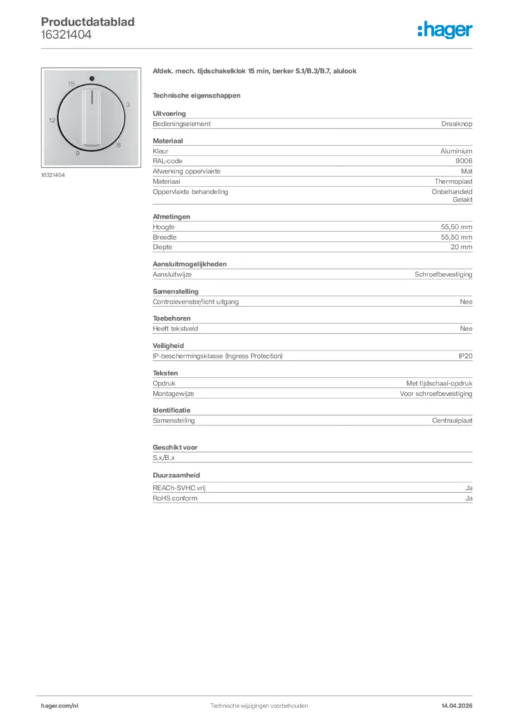 Afbeelding Hager Productdatablad 16321404 | Hager Nederland