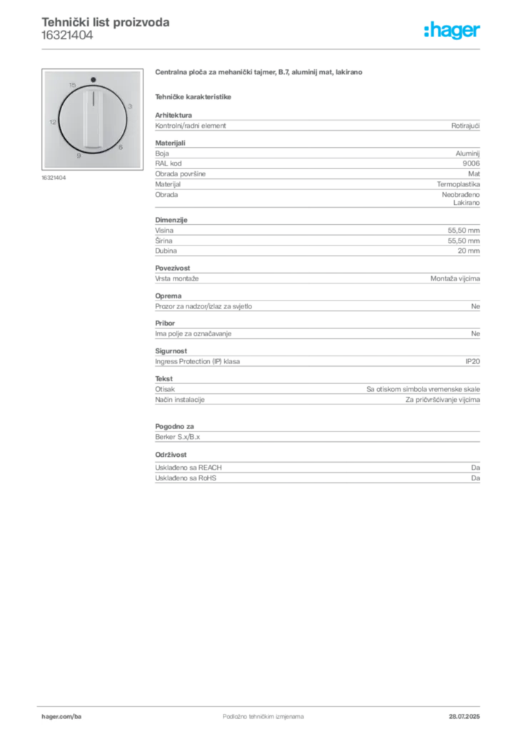 Slika Hager Product data sheet 16321404  | Hager