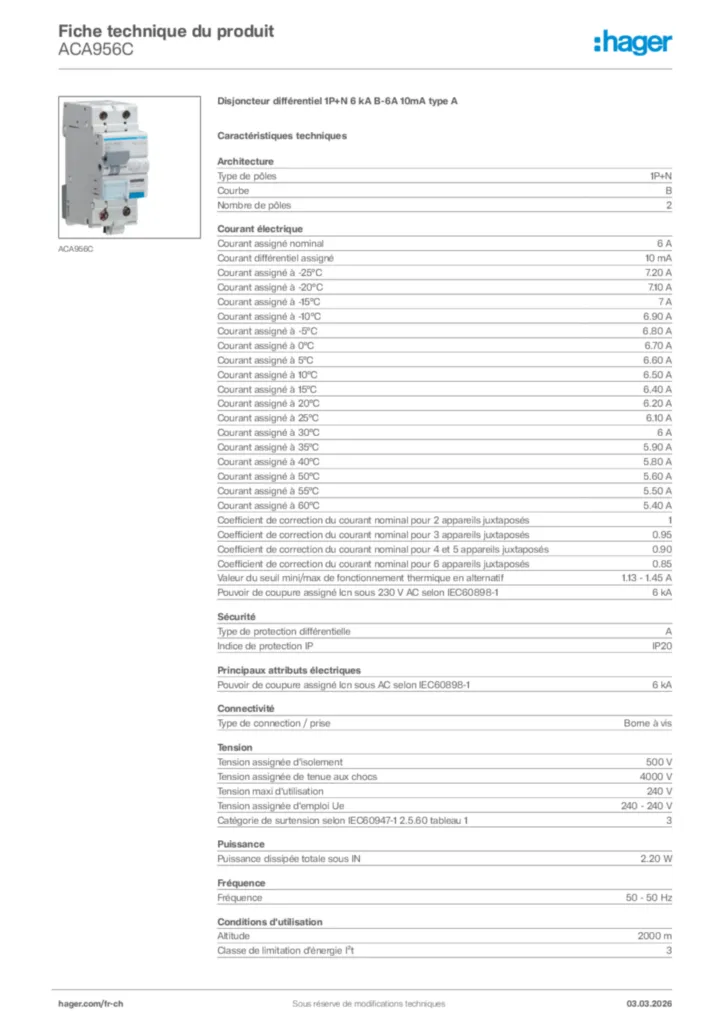 Image Hager Fiche technique du produit ACA956C | Hager Suisse