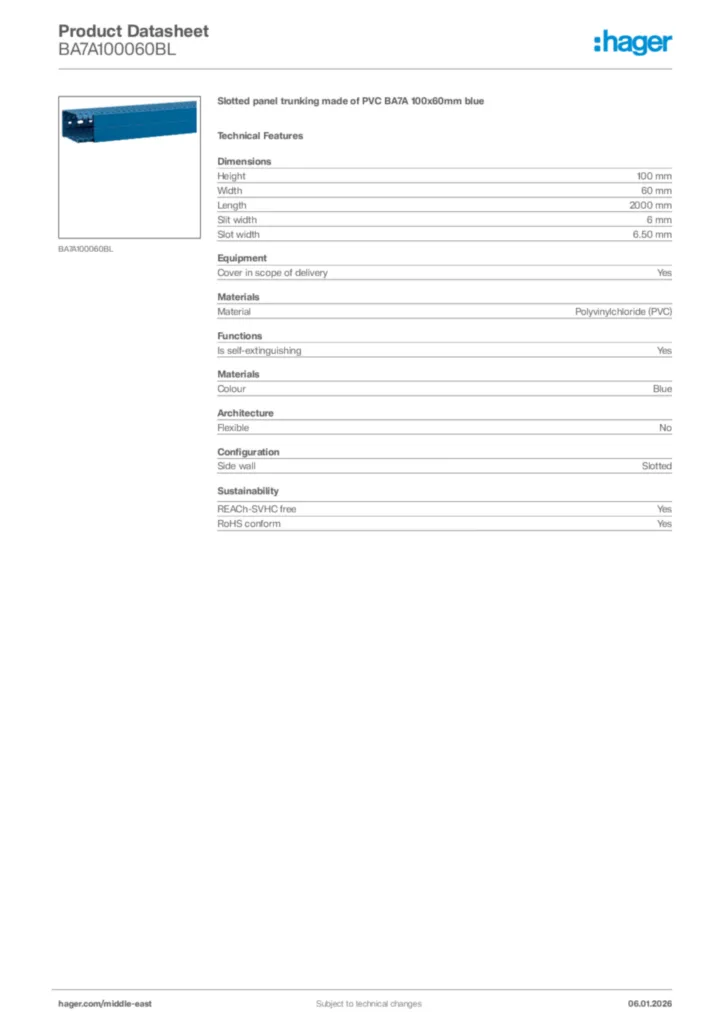 Image Hager Product data sheet BA7A100060BL  | Hager