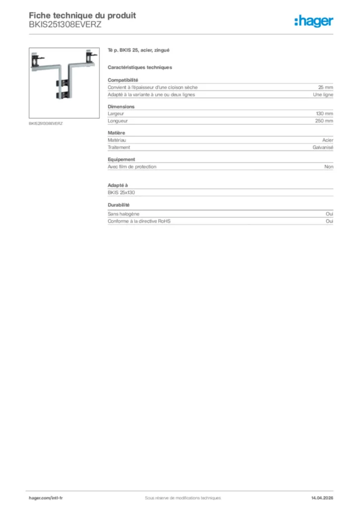 Image Hager Fiche technique du produit BKIS251308EVERZ | Hager Afrique