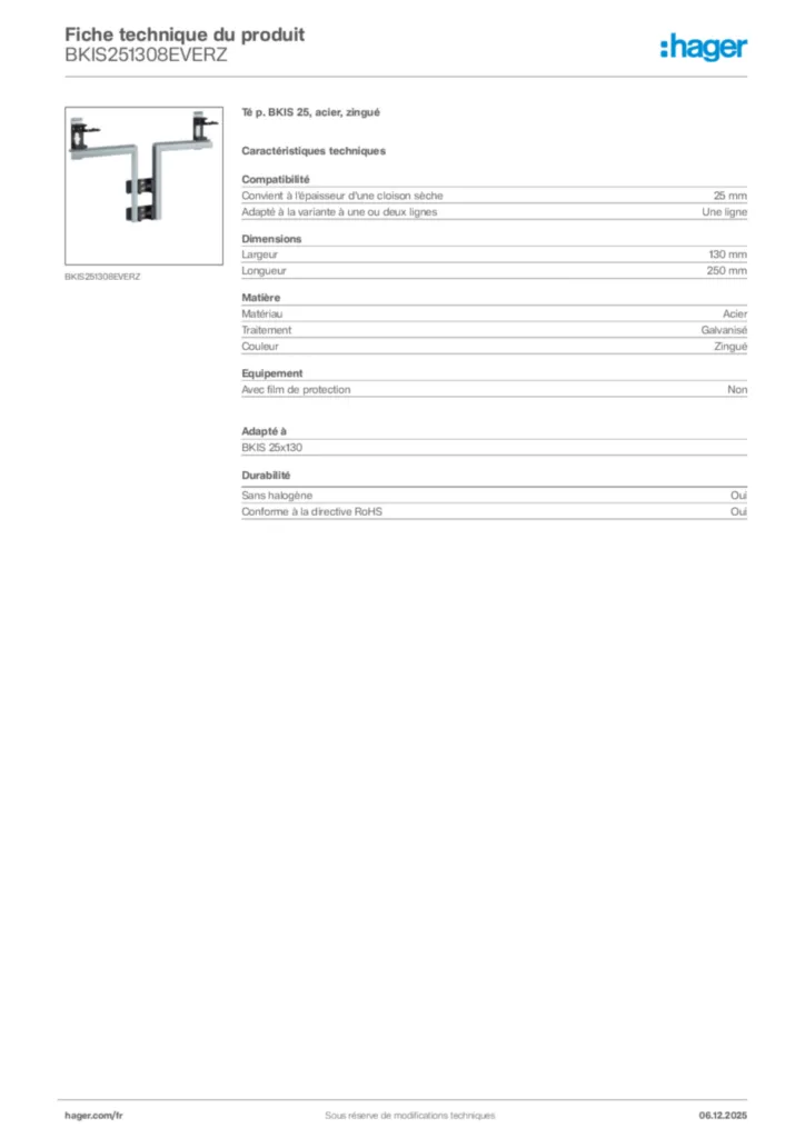 Image Hager Fiche technique du produit BKIS251308EVERZ | Hager France