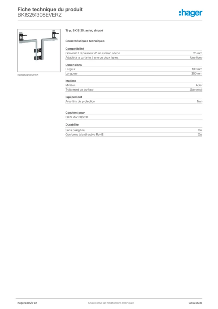 Image Hager Fiche technique du produit BKIS251308EVERZ | Hager Suisse