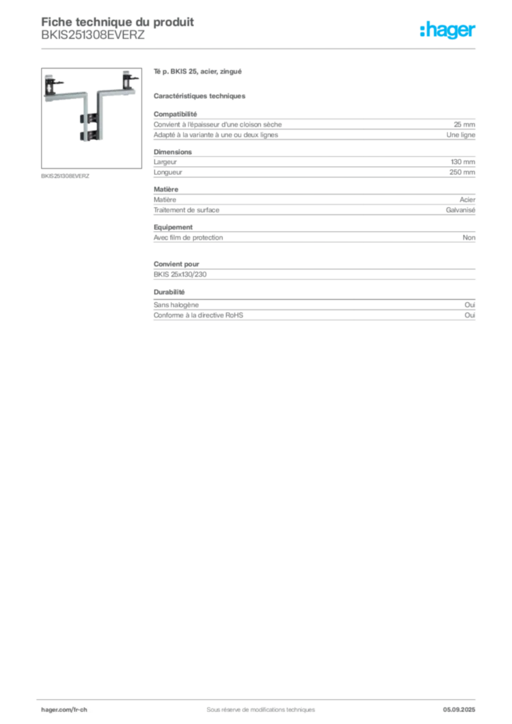 Image Hager Fiche technique du produit BKIS251308EVERZ | Hager Suisse