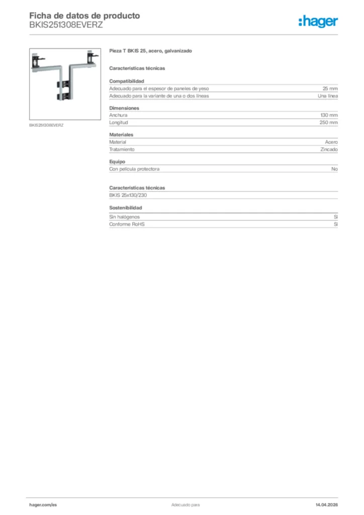Imagen Hager Ficha de datos de producto BKIS251308EVERZ | Hager España