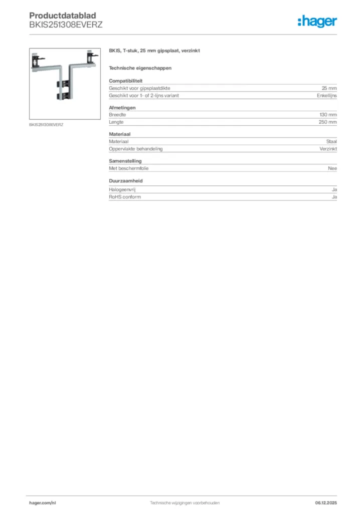 Afbeelding Hager Productdatablad BKIS251308EVERZ | Hager Nederland