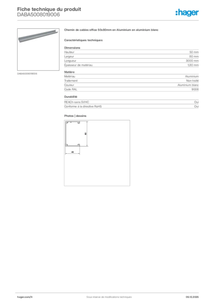 Image Hager Fiche technique du produit DABA5008019006 | Hager France