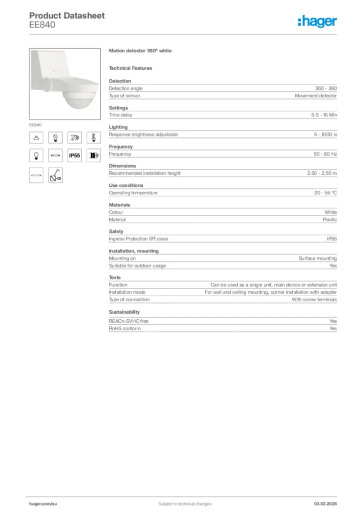 Image Hager Product data sheet EE840  | Hager Australia
