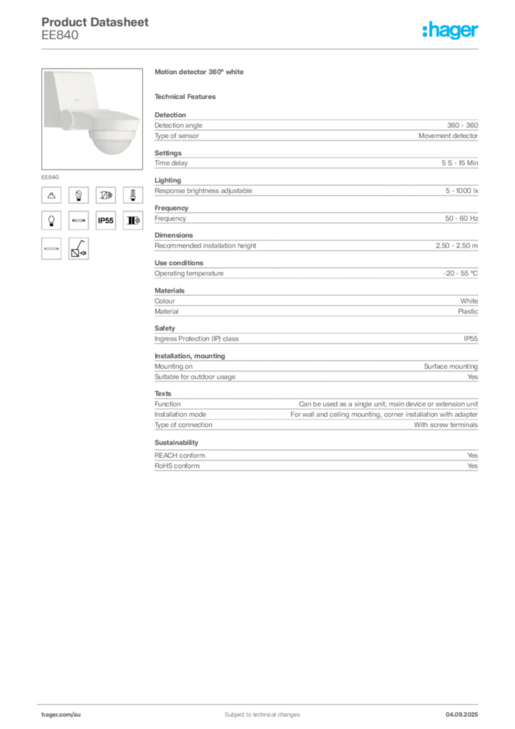 Image Hager Product data sheet EE840  | Hager Australia