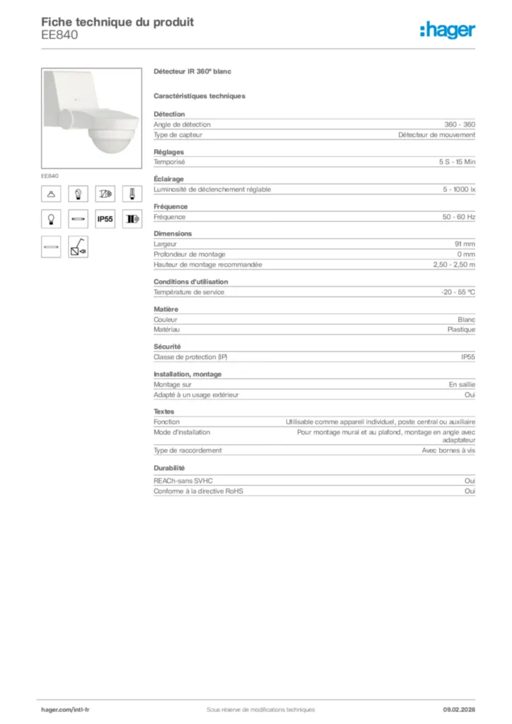 Image Hager Fiche technique du produit EE840 | Hager Afrique