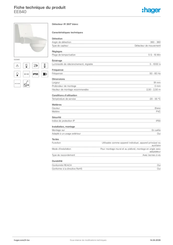 Image Hager Fiche technique du produit EE840 | Hager Belgique