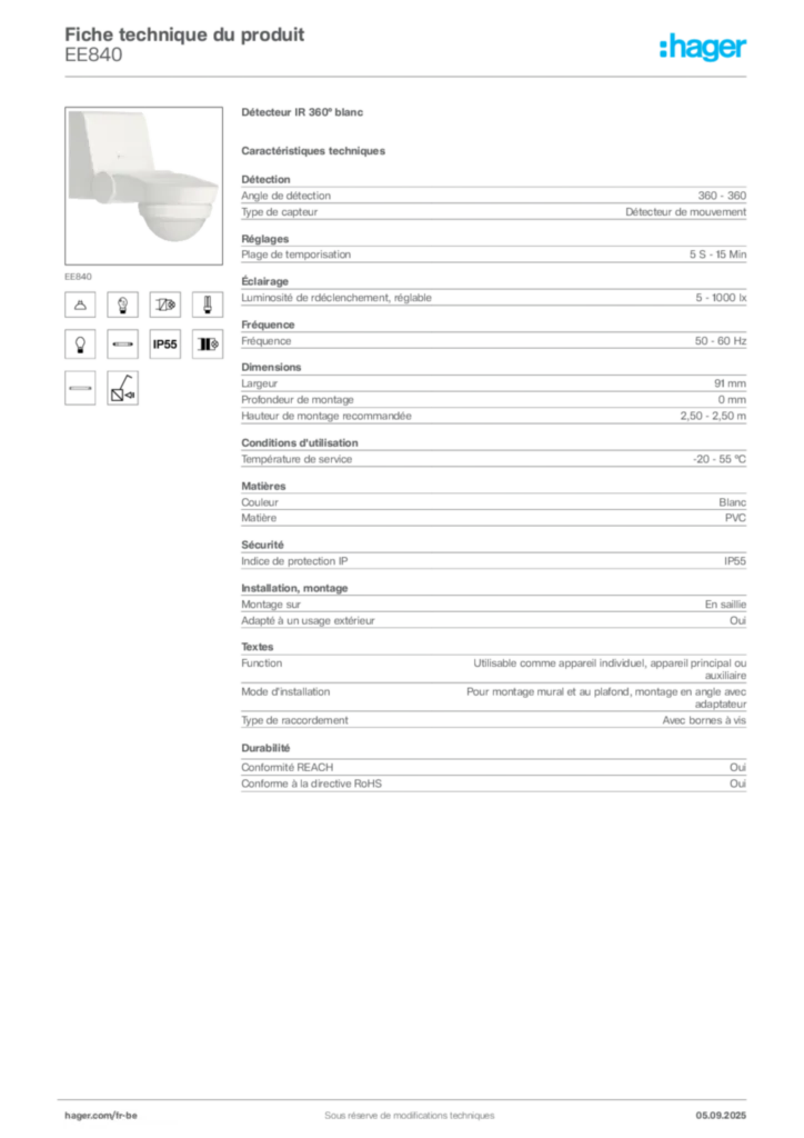 Image Hager Fiche technique du produit EE840 | Hager Belgique
