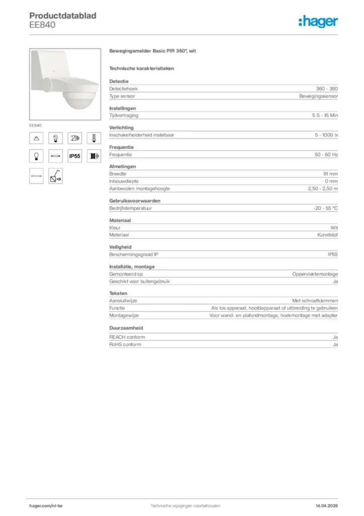 Afbeelding Hager Productdatablad EE840 | Hager Belgium