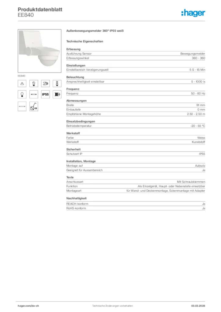Bild Hager Produktdatenblatt EE840 | Hager Schweiz