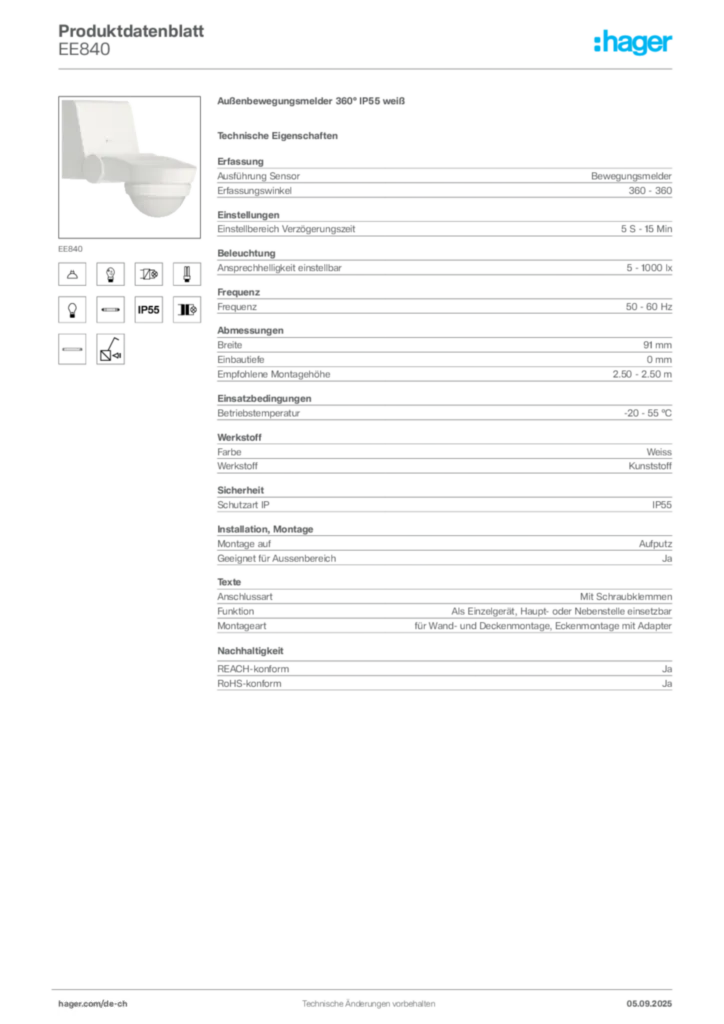Bild Hager Produktdatenblatt EE840 | Hager Schweiz