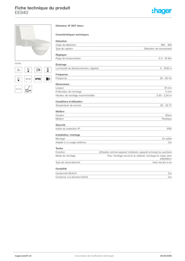 Image Hager Fiche technique du produit EE840 | Hager Suisse