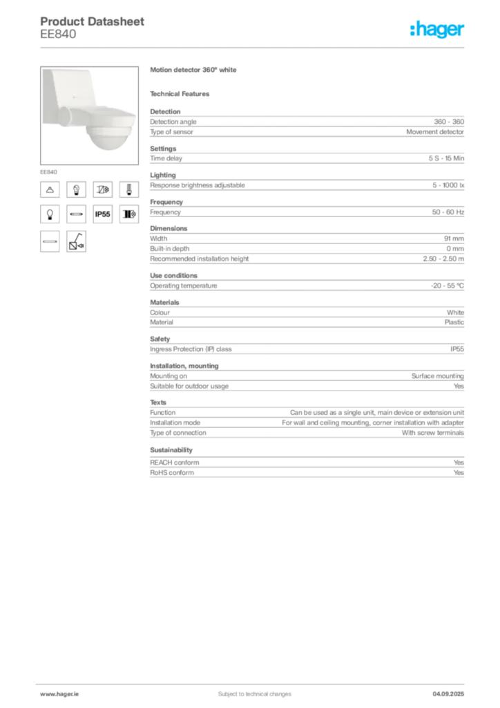 Image Hager Product data sheet EE840  | Hager