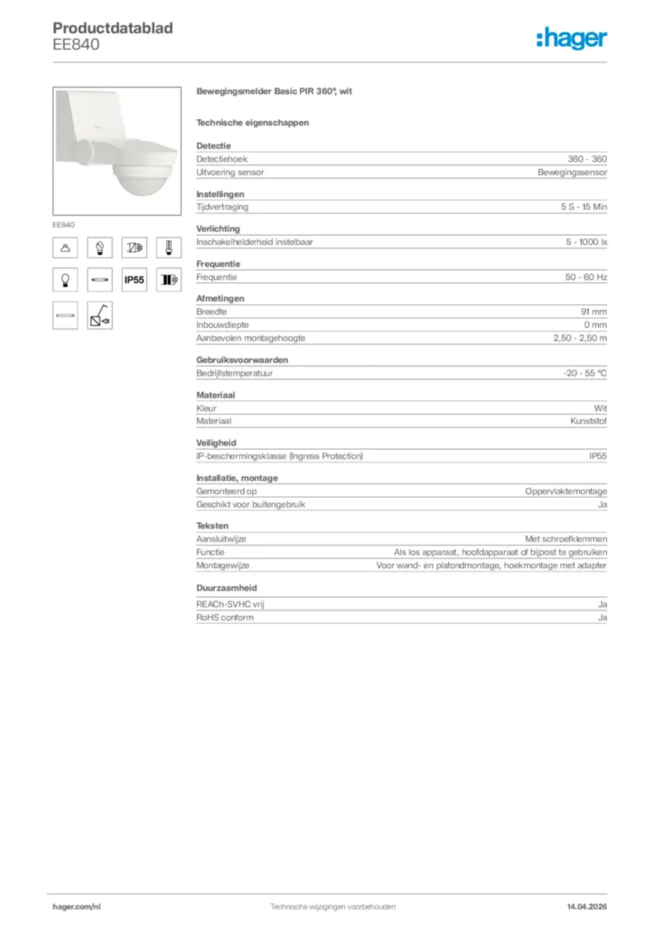 Afbeelding Hager Productdatablad EE840 | Hager Nederland