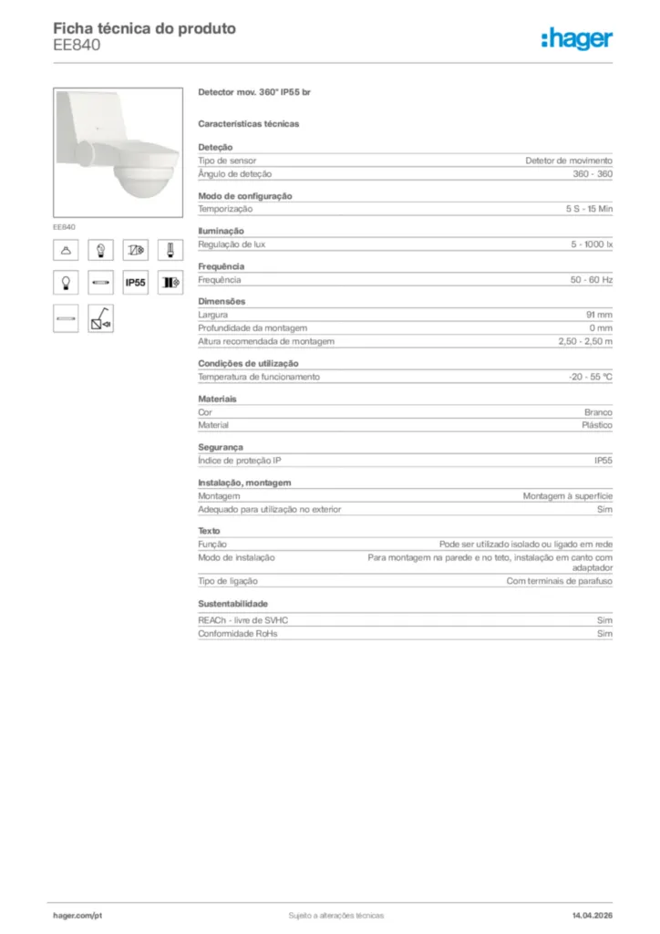 Imagem Hager Ficha técnica do produto EE840 | Hager Portugal