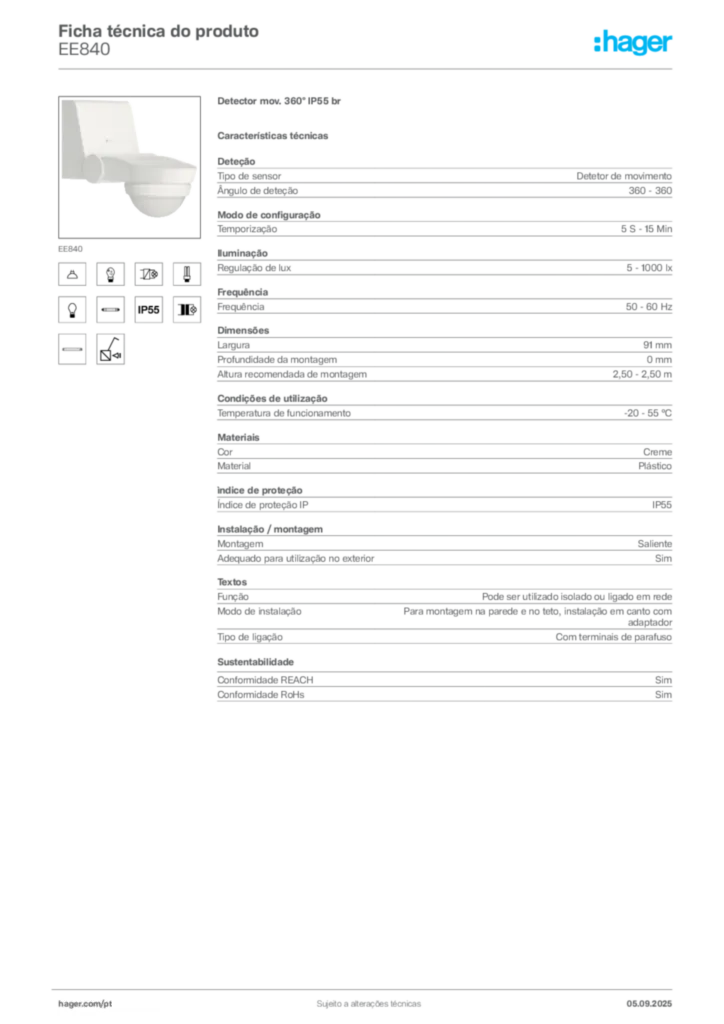 Imagem Hager Ficha técnica do produto EE840 | Hager Portugal