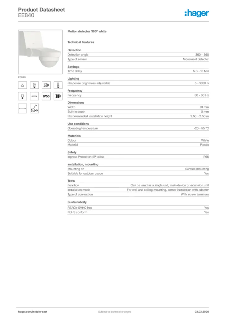 Image Hager Product data sheet EE840  | Hager