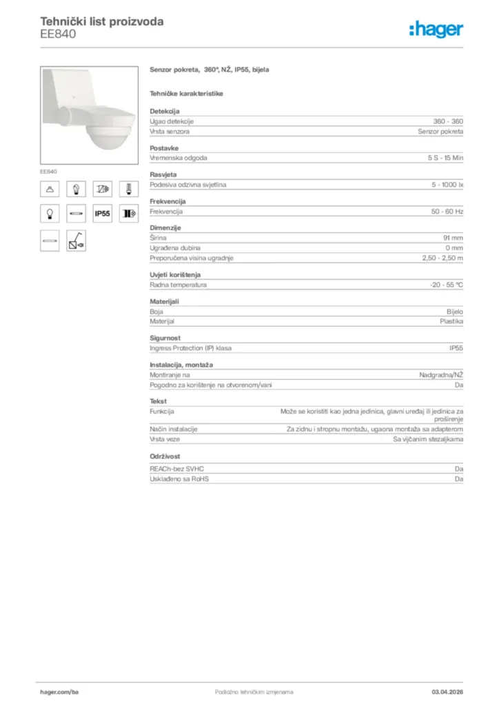 Slika Hager Tehnički list proizvoda EE840  | Hager