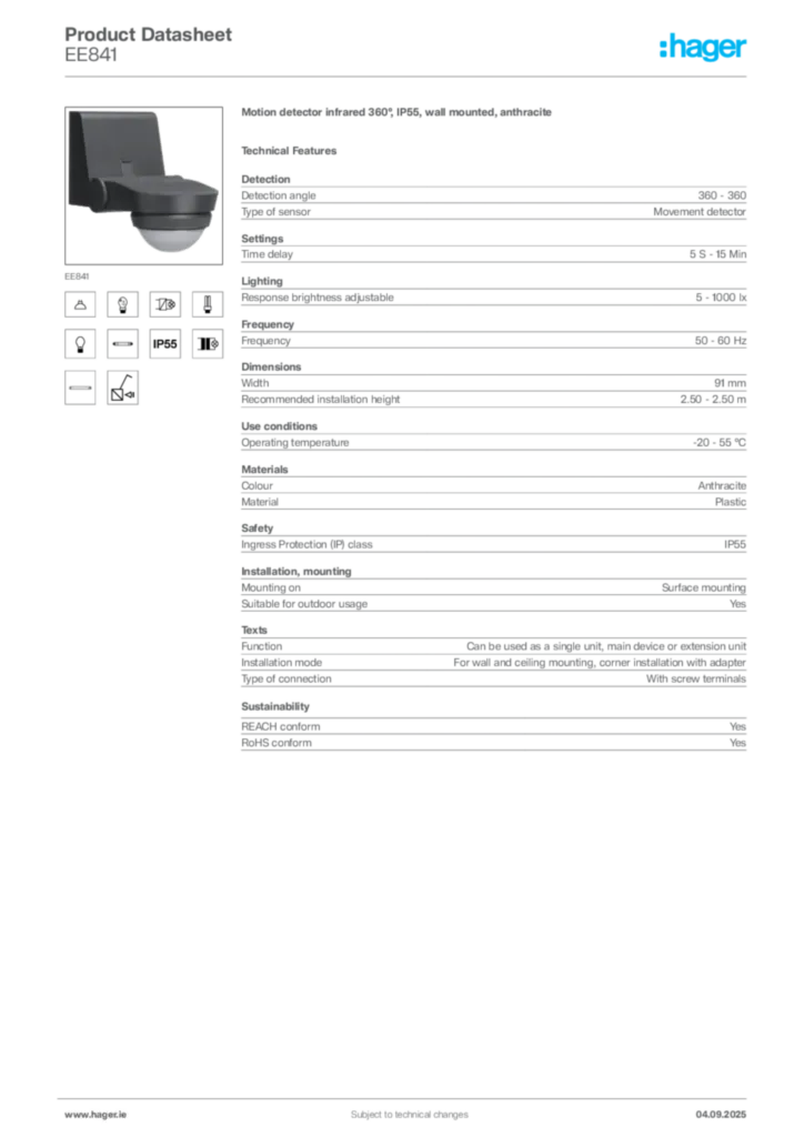 Image Hager Product data sheet EE841  | Hager