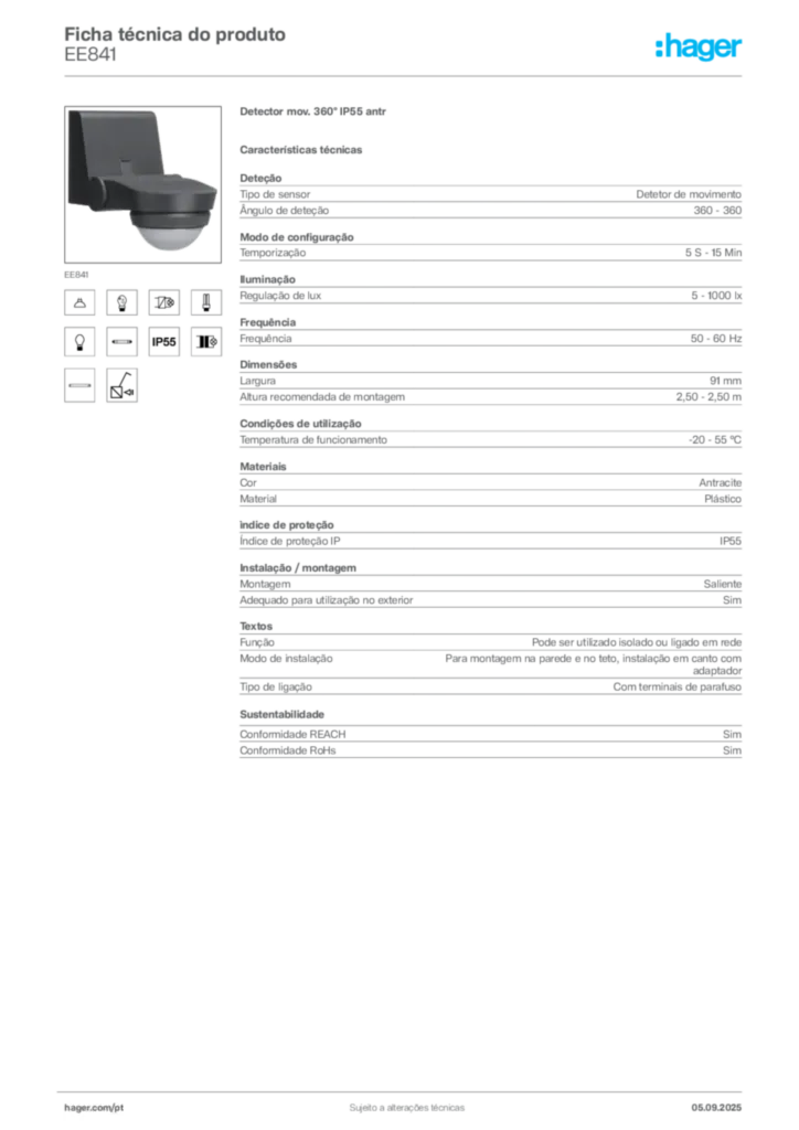 Imagem Hager Ficha técnica do produto EE841 | Hager Portugal