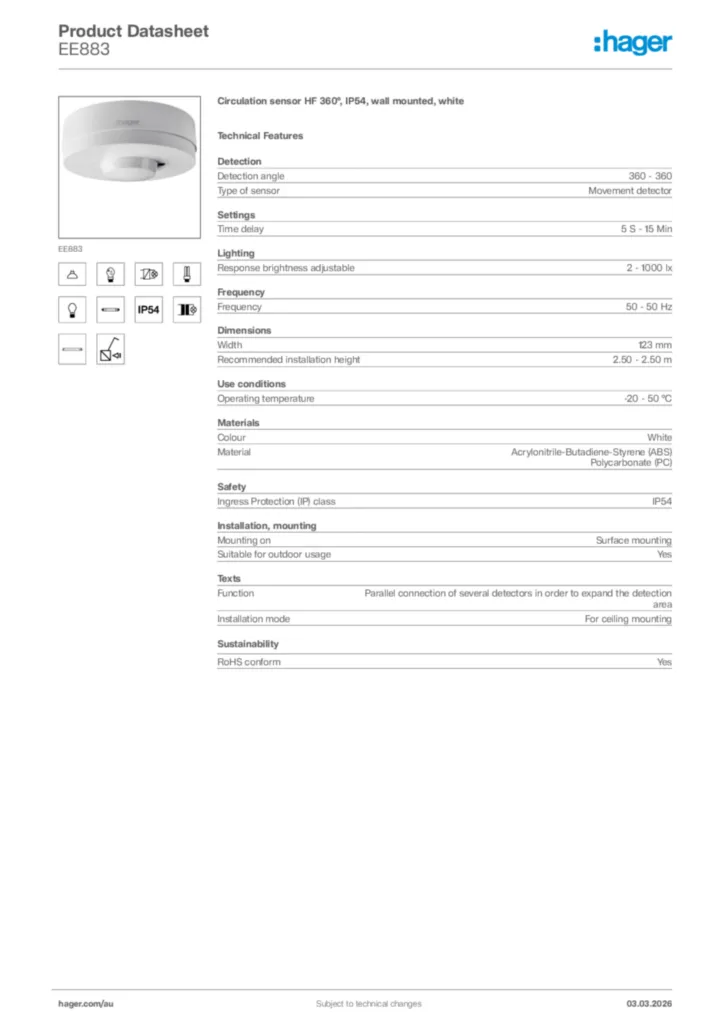 Image Hager Product data sheet EE883  | Hager Australia