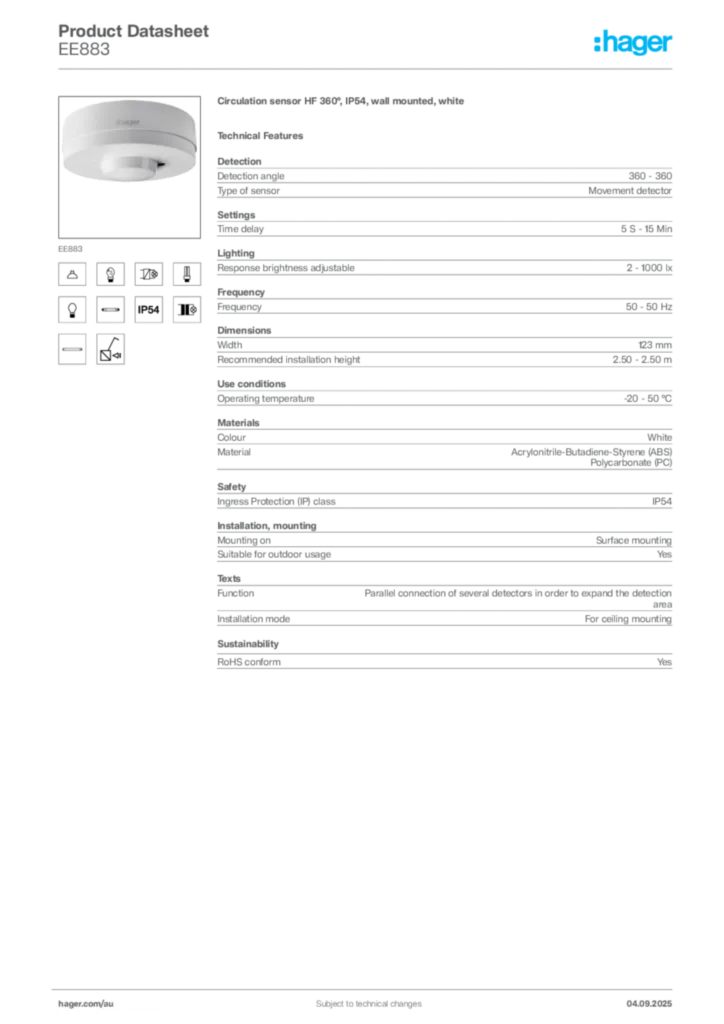 Image Hager Product data sheet EE883  | Hager Australia